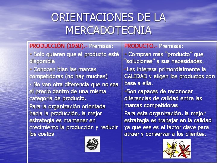 ORIENTACIONES DE LA MERCADOTECNIA PRODUCCIÓN (1950). - Premisas: - Solo quieren que el producto ORIENTACIONES DE LA MERCADOTECNIA PRODUCCIÓN (1950). - Premisas: - Solo quieren que el producto