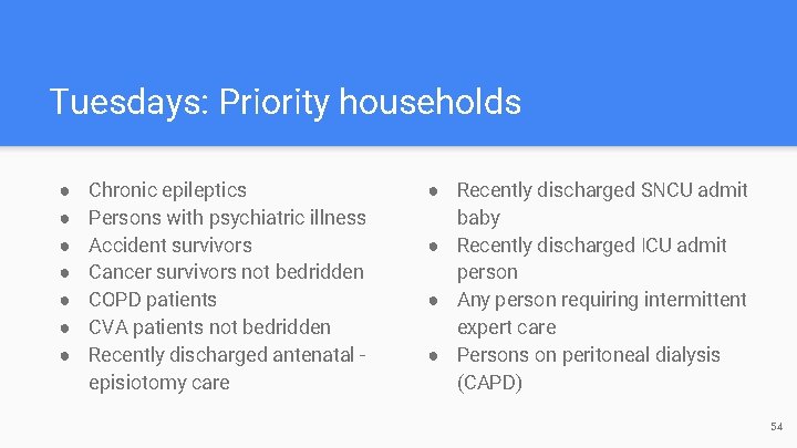 Tuesdays: Priority households ● ● ● ● Chronic epileptics Persons with psychiatric illness Accident