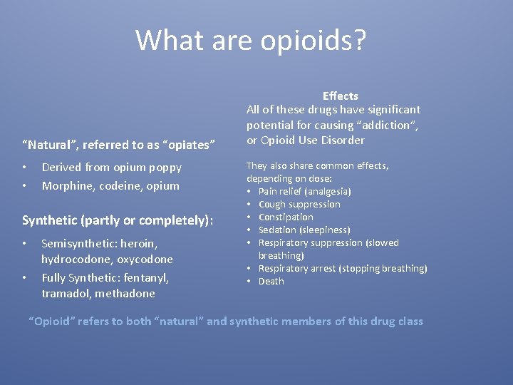 What are opioids? “Natural”, referred to as “opiates” • • Derived from opium poppy