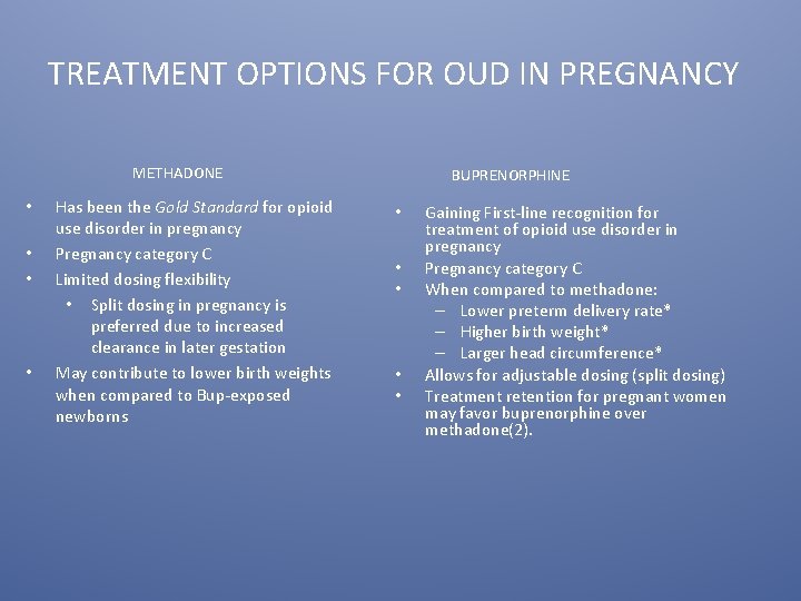 TREATMENT OPTIONS FOR OUD IN PREGNANCY METHADONE • • Has been the Gold Standard