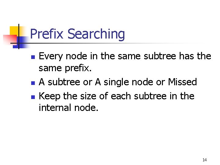 Prefix Searching n n n Every node in the same subtree has the same