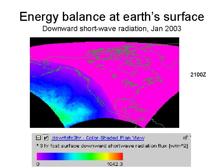 Energy balance at earth’s surface Downward short-wave radiation, Jan 2003 2100 Z 