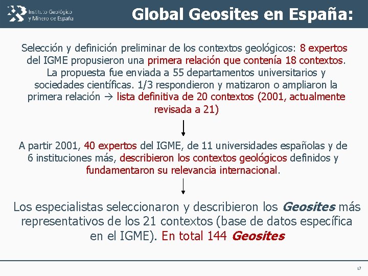 Global Geosites en España: Selección y definición preliminar de los contextos geológicos: 8 expertos