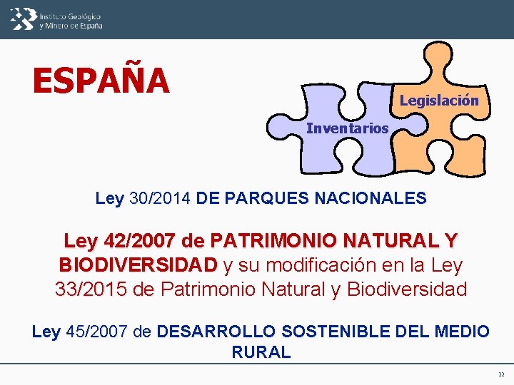 ESPAÑA Legislación Inventarios Ley 30/2014 DE PARQUES NACIONALES Ley 42/2007 de PATRIMONIO NATURAL Y
