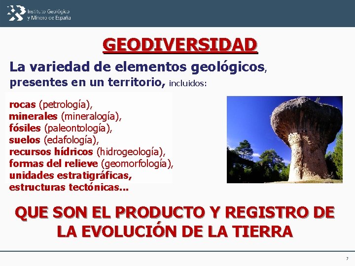 GEODIVERSIDAD La variedad de elementos geológicos, presentes en un territorio, incluidos: rocas (petrología), minerales