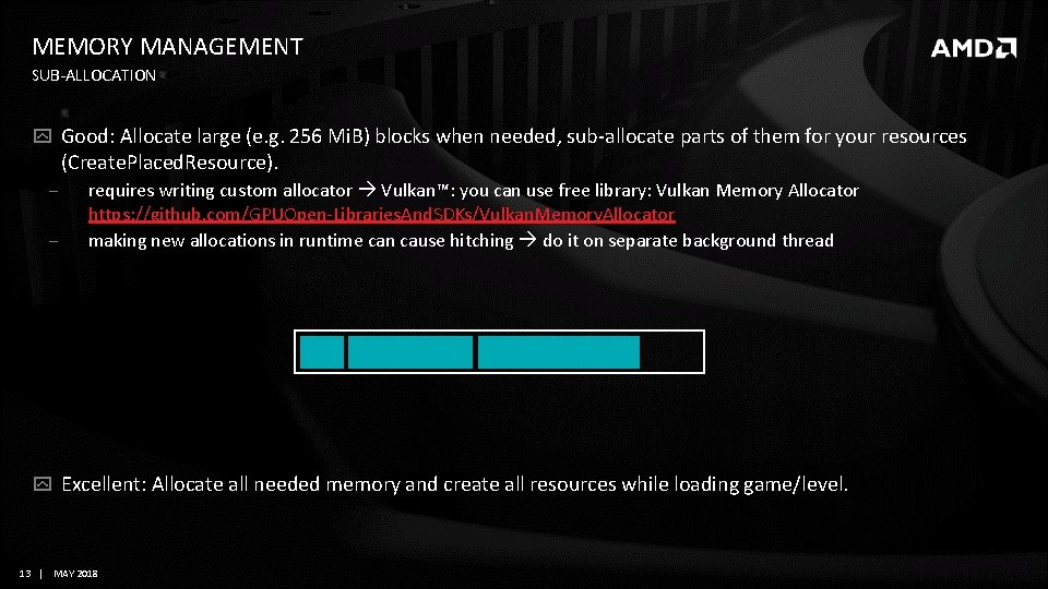 MEMORY MANAGEMENT SUB-ALLOCATION Good: Allocate large (e. g. 256 Mi. B) blocks when needed, MEMORY MANAGEMENT SUB-ALLOCATION Good: Allocate large (e. g. 256 Mi. B) blocks when needed,