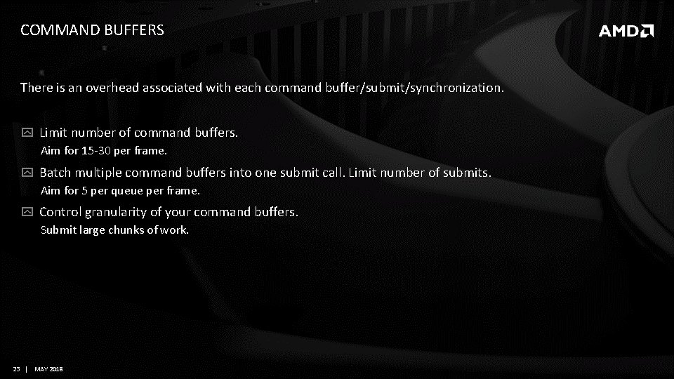 COMMAND BUFFERS There is an overhead associated with each command buffer/submit/synchronization. Limit number of COMMAND BUFFERS There is an overhead associated with each command buffer/submit/synchronization. Limit number of