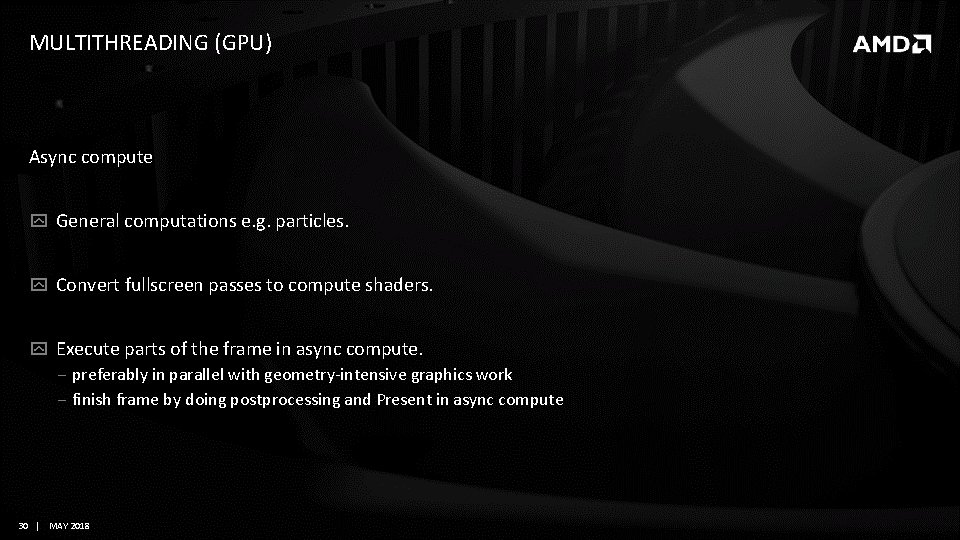 MULTITHREADING (GPU) Async compute General computations e. g. particles. Convert fullscreen passes to compute MULTITHREADING (GPU) Async compute General computations e. g. particles. Convert fullscreen passes to compute