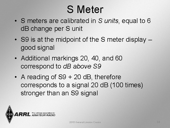 S Meter • S meters are calibrated in S units, equal to 6 d.