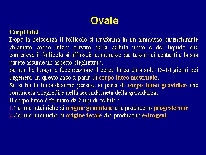 Ovaie Corpi lutei Dopo la deiscenza il follicolo si trasforma in un ammasso parenchimale