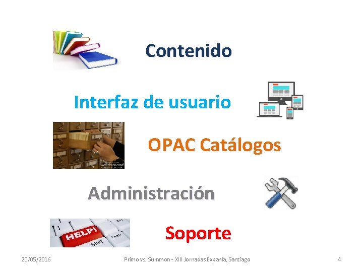 Contenido Interfaz de usuario OPAC Catálogos Administración Soporte 20/05/2016 Primo vs. Summon - XIII
