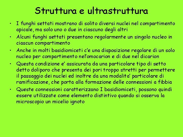 Struttura e ultrastruttura • I funghi settati mostrano di solito diversi nuclei nel compartimento