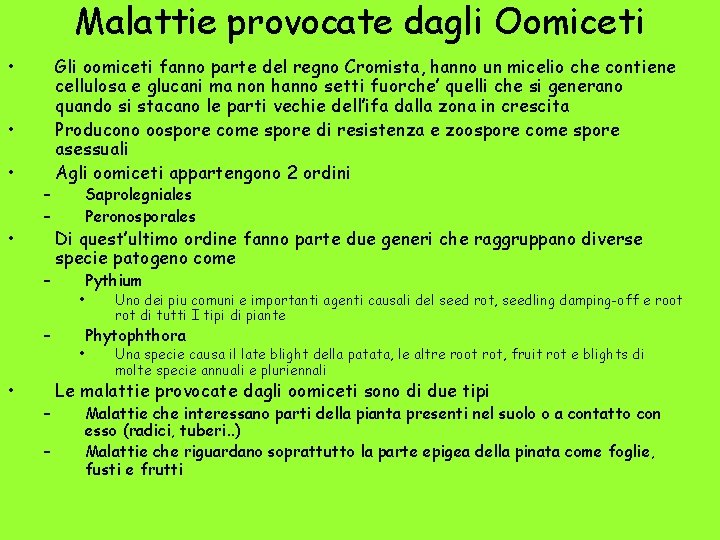 Malattie provocate dagli Oomiceti • • – – Gli oomiceti fanno parte del regno