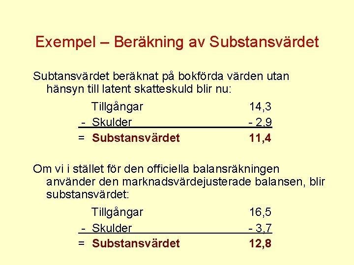 Exempel – Beräkning av Substansvärdet Subtansvärdet beräknat på bokförda värden utan hänsyn till latent