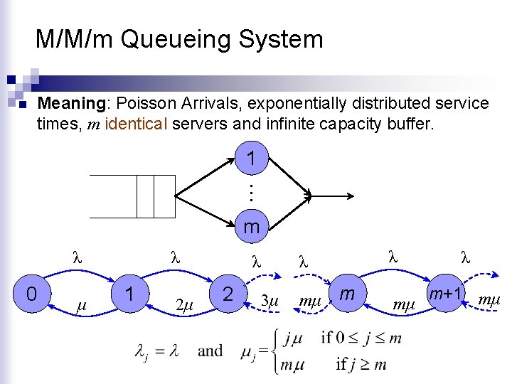 M/M/m Queueing System n Meaning: Poisson Arrivals, exponentially distributed service times, m identical servers
