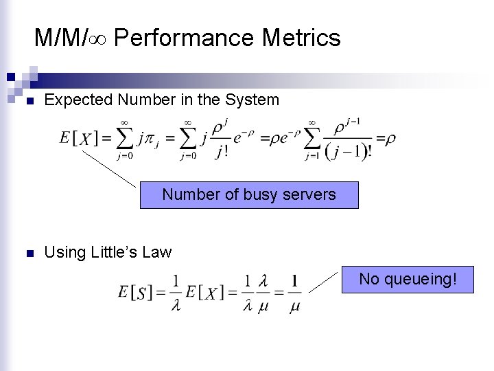 M/M/∞ Performance Metrics n Expected Number in the System Number of busy servers n