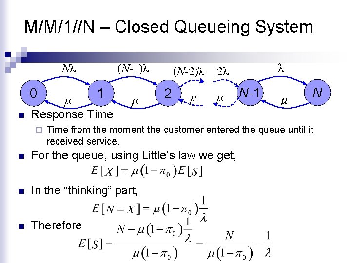 M/M/1//N – Closed Queueing System Nλ 0 n (N-1)λ 1 μ Response Time ¨