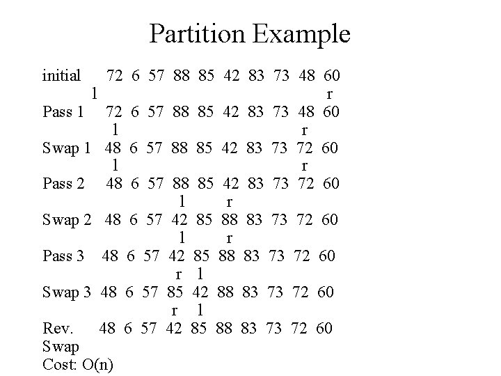 Partition Example initial 72 6 57 88 85 42 83 73 48 60 l