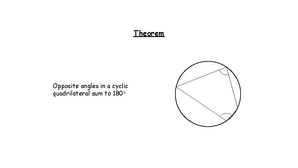 Theorem Opposite angles in a cyclic quadrilateral sum to 180 o. 