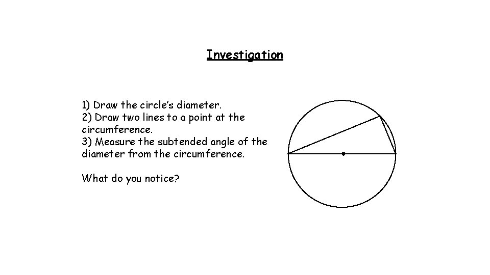 Investigation 1) Draw the circle’s diameter. 2) Draw two lines to a point at
