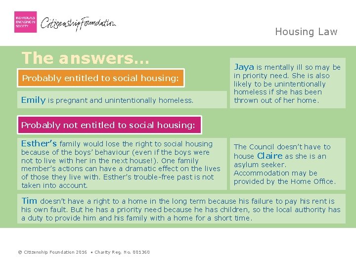 Housing Law The answers… Probably entitled to social housing: Emily is pregnant and unintentionally