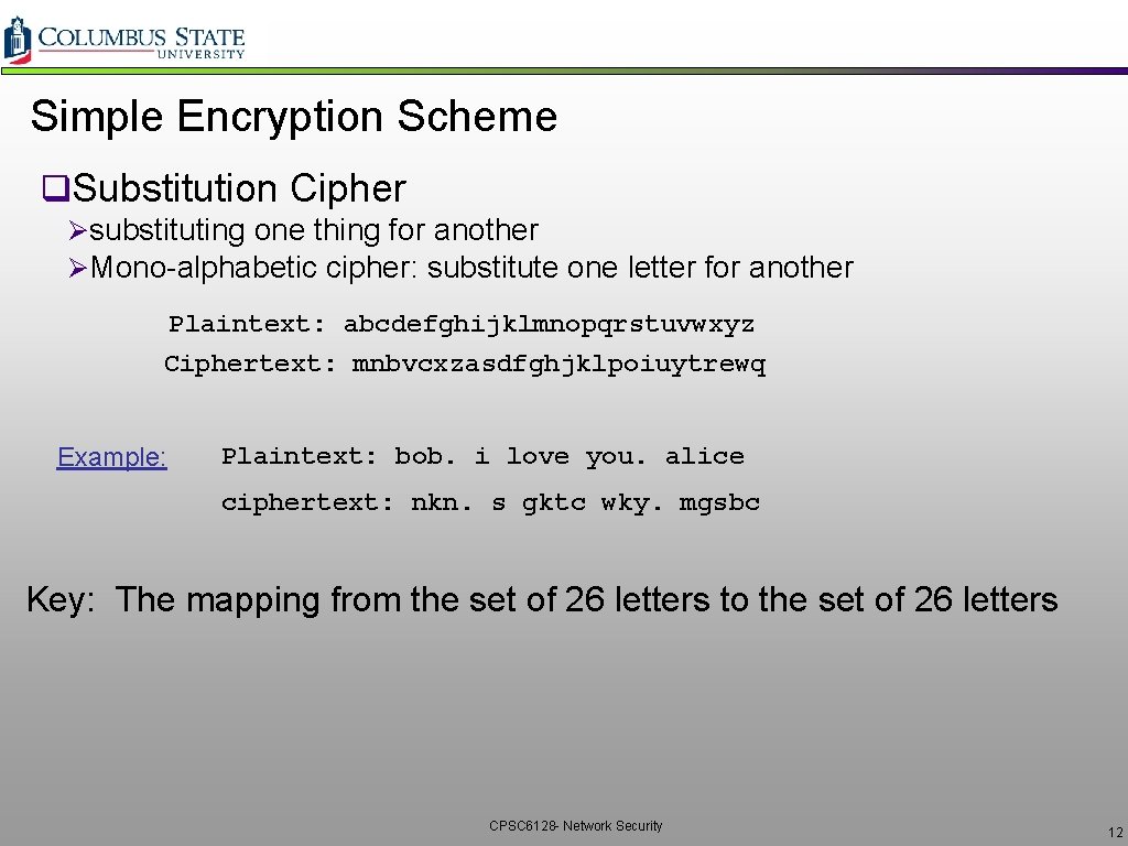 Simple Encryption Scheme q. Substitution Cipher Øsubstituting one thing for another ØMono-alphabetic cipher: substitute