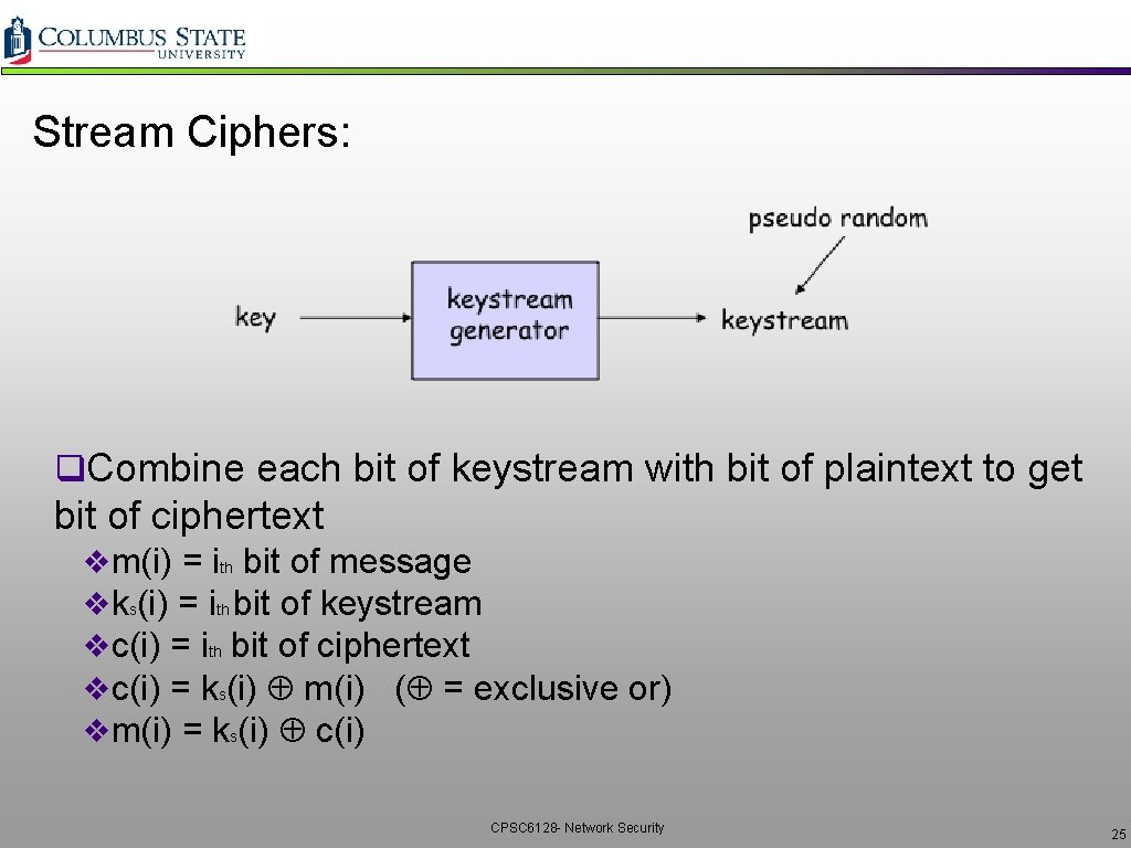 Stream Ciphers: q. Combine each bit of keystream with bit of plaintext to get