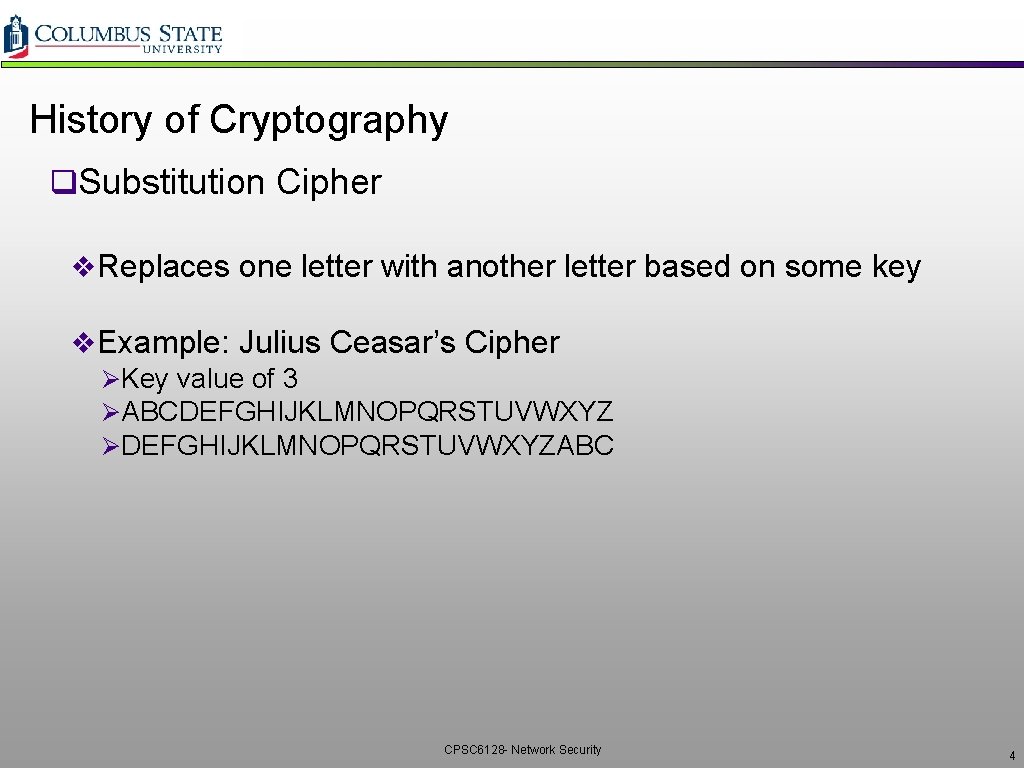 History of Cryptography q. Substitution Cipher v. Replaces one letter with another letter based