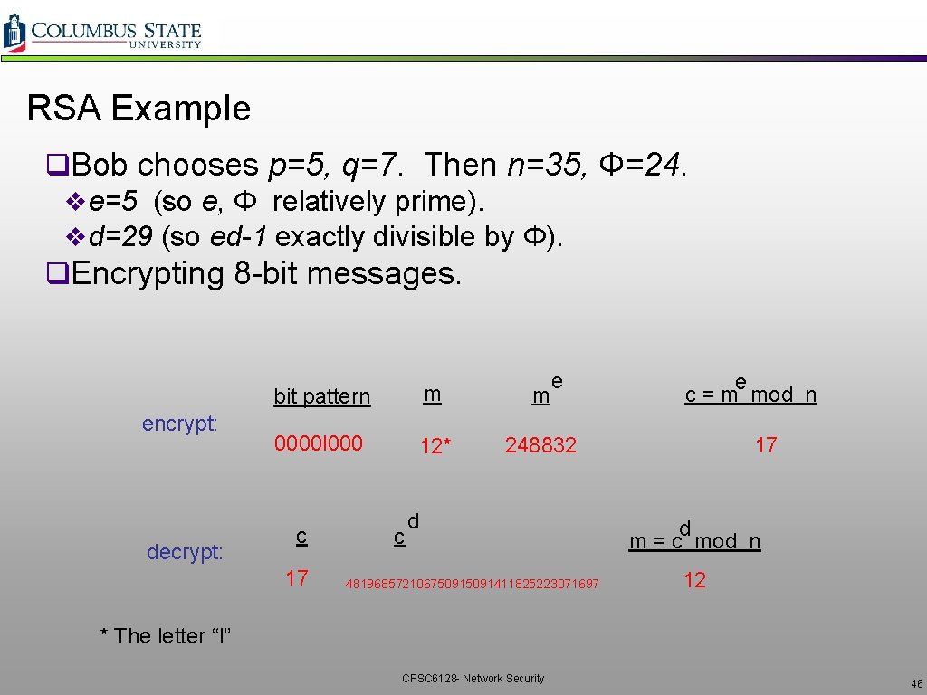 RSA Example q. Bob chooses p=5, q=7. Then n=35, Φ=24. ve=5 (so e, Φ