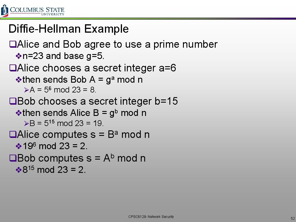 Diffie-Hellman Example q. Alice and Bob agree to use a prime number vn=23 and