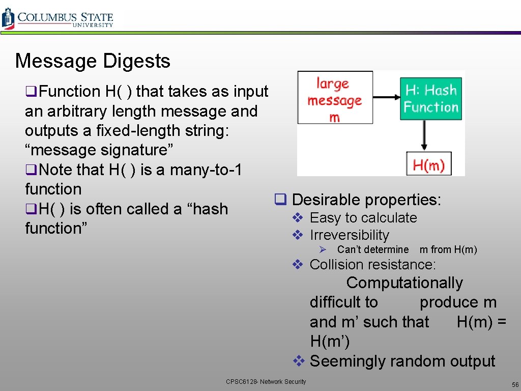 Message Digests q. Function H( ) that takes as input an arbitrary length message