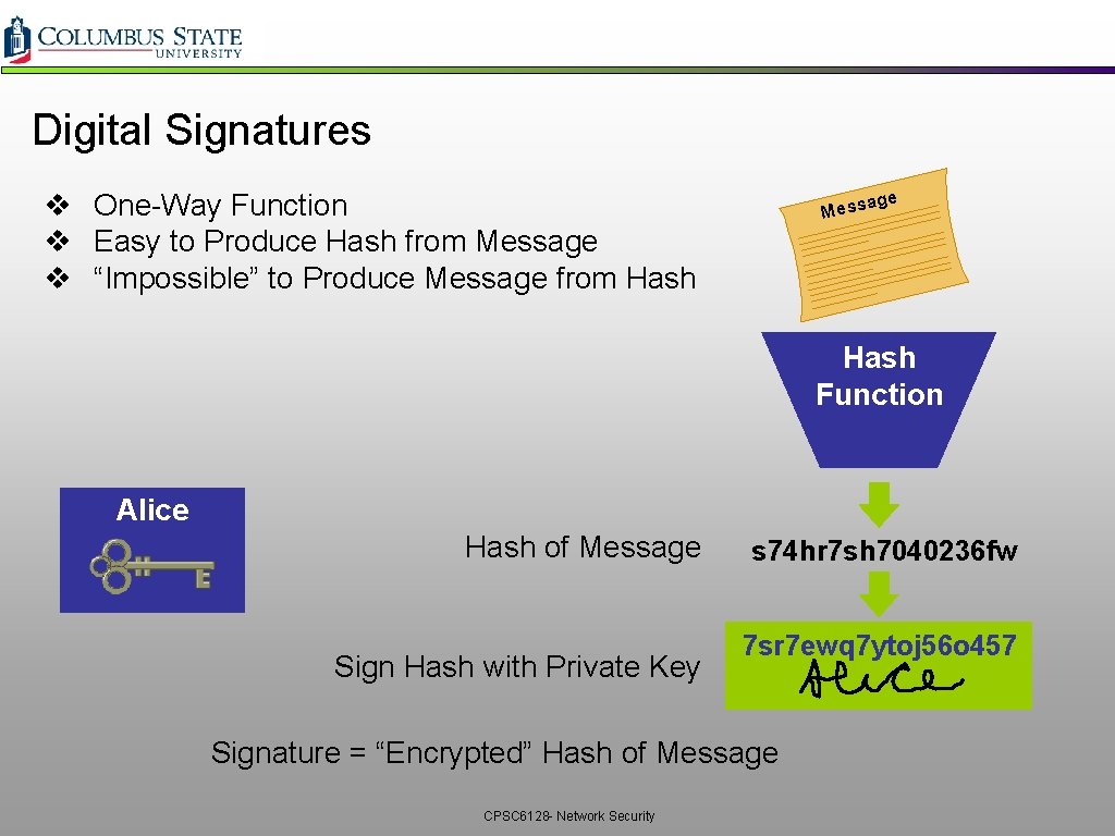 Digital Signatures v One-Way Function v Easy to Produce Hash from Message v “Impossible”