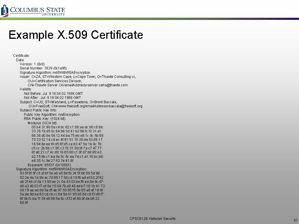 Example X. 509 Certificate: Data: Version: 1 (0 x 0) Serial Number: 7829 (0