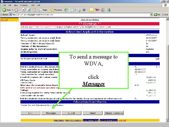 To send a message to WDVA, click Messages 