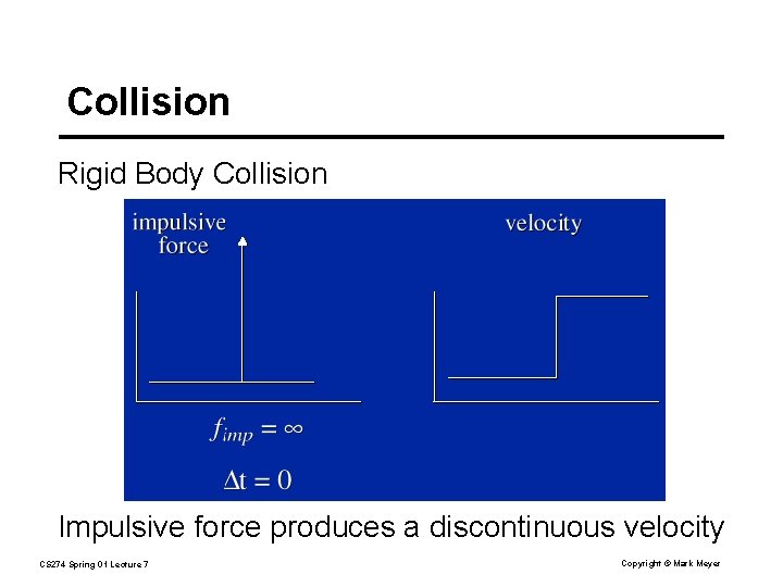 Collision Rigid Body Collision Impulsive force produces a discontinuous velocity CS 274 Spring 01