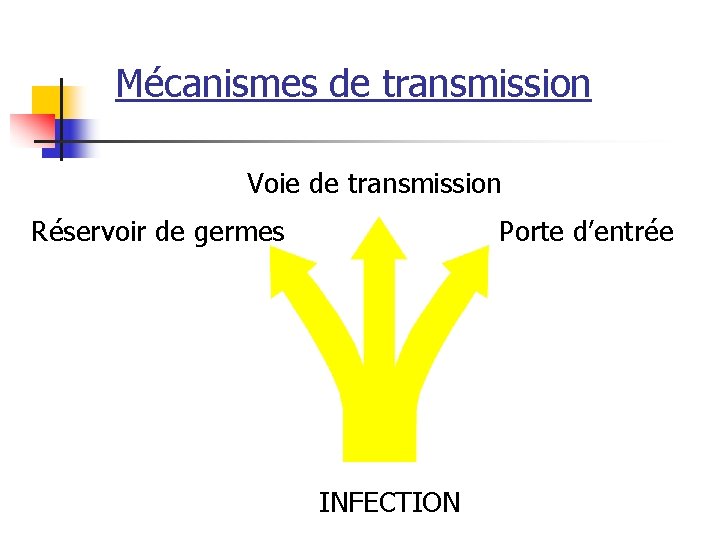 Mécanismes de transmission Voie de transmission Porte d’entrée Réservoir de germes INFECTION 