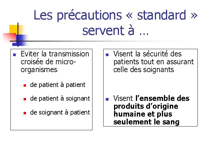 Les précautions « standard » servent à … n Eviter la transmission croisée de