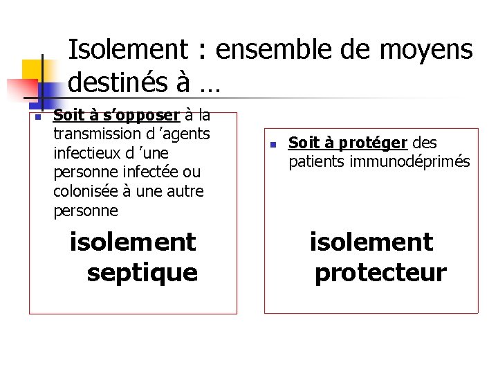 Isolement : ensemble de moyens destinés à … n Soit à s’opposer à la