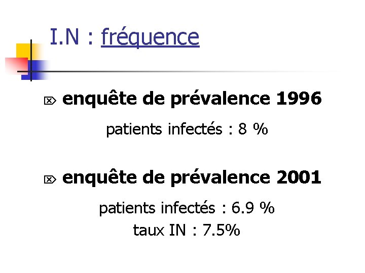I. N : fréquence Ö enquête de prévalence 1996 patients infectés : 8 %