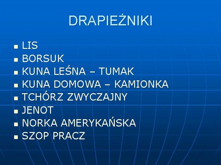 DRAPIEŻNIKI n n n n LIS BORSUK KUNA LEŚNA – TUMAK KUNA DOMOWA – DRAPIEŻNIKI n n n n LIS BORSUK KUNA LEŚNA – TUMAK KUNA DOMOWA –