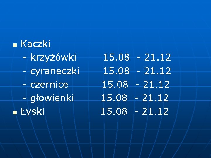 Kaczki - krzyżówki 15. 08 - 21. 12 - cyraneczki 15. 08 - 21.