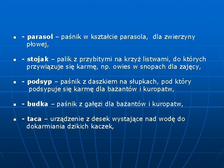 - parasol – paśnik w kształcie parasola, dla zwierzyny płowej, n - stojak –