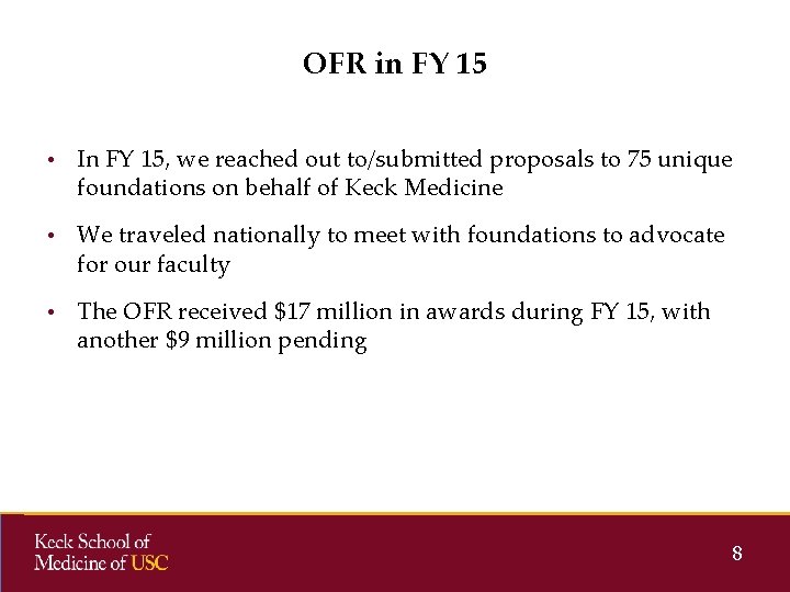 OFR in FY 15 • In FY 15, we reached out to/submitted proposals to OFR in FY 15 • In FY 15, we reached out to/submitted proposals to