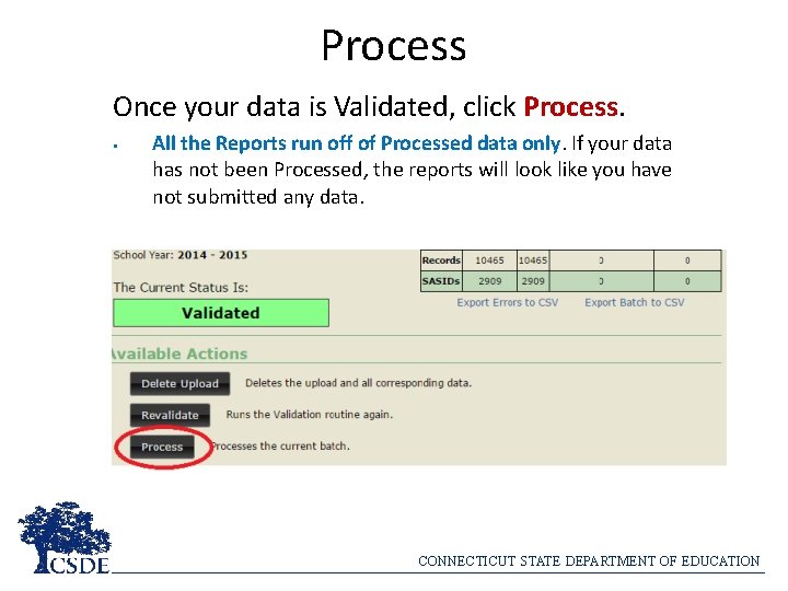 Process Once your data is Validated, click Process. • All the Reports run off