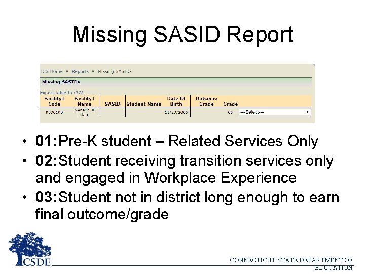 Missing SASID Report • 01: Pre-K student – Related Services Only • 02: Student
