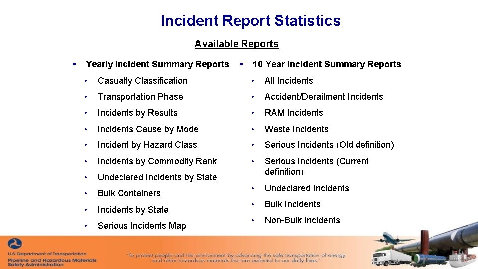 Incident Report Statistics Available Reports § Yearly Incident Summary Reports § 10 Year Incident