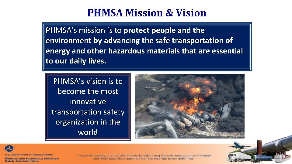 PHMSA Mission & Vision PHMSA’s mission is to protect people and the environment by