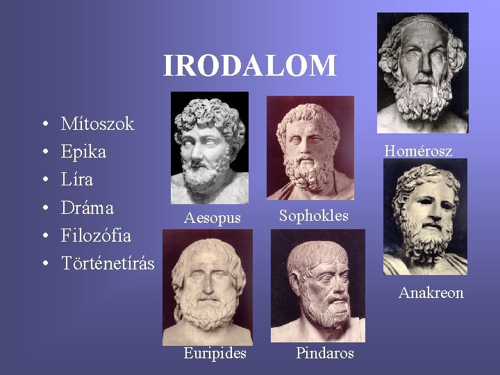 IRODALOM • • • Mítoszok Epika Líra Dráma Filozófia Történetírás Homérosz Aesopus Sophokles Anakreon