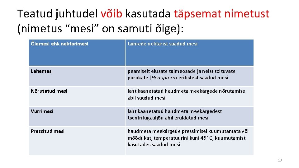 Teatud juhtudel võib kasutada täpsemat nimetust (nimetus “mesi” on samuti õige): Õiemesi ehk nektarimesi Teatud juhtudel võib kasutada täpsemat nimetust (nimetus “mesi” on samuti õige): Õiemesi ehk nektarimesi