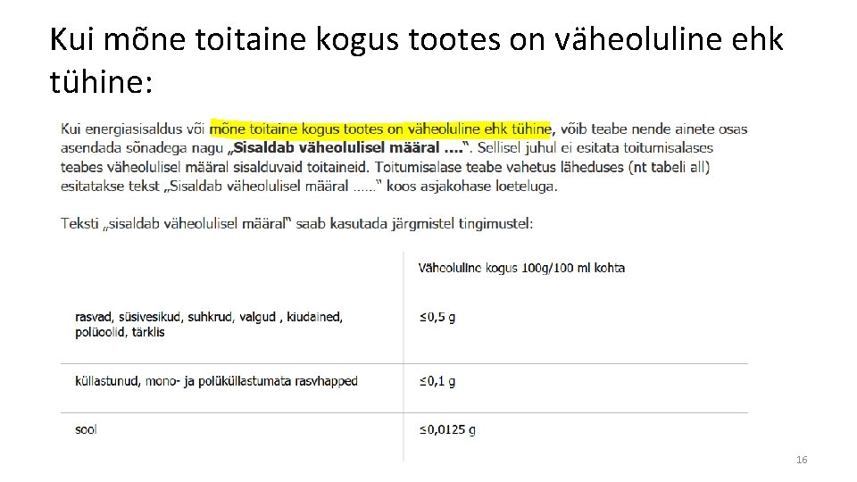 Kui mõne toitaine kogus tootes on väheoluline ehk tühine: 16 Kui mõne toitaine kogus tootes on väheoluline ehk tühine: 16